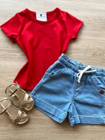 Blusa Infantil Feminina Manga Curta Cotton Vermelha Fernanda Ramos Kids