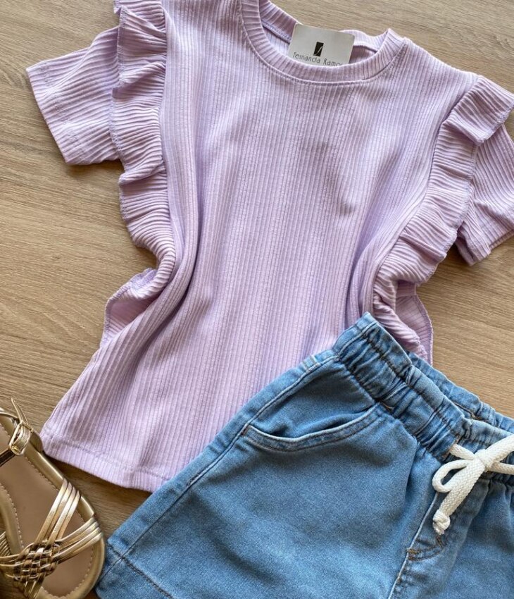 fernandaramoskids com br Blusa Infantil Feminina Manga Curta Canelada com Babado Lilás 1