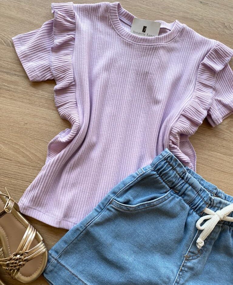 fernandaramoskids com br Blusa Infantil Feminina Manga Curta Canelada com Babado Lilás 1