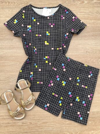 Blusa Infantil Feminina Manga Curta Justa Xadrez Preta Fernanda Ramos Kids