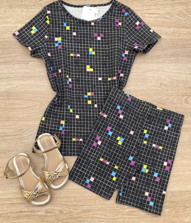Blusa Infantil Feminina Manga Curta Justa Xadrez Preta Fernanda Ramos Kids