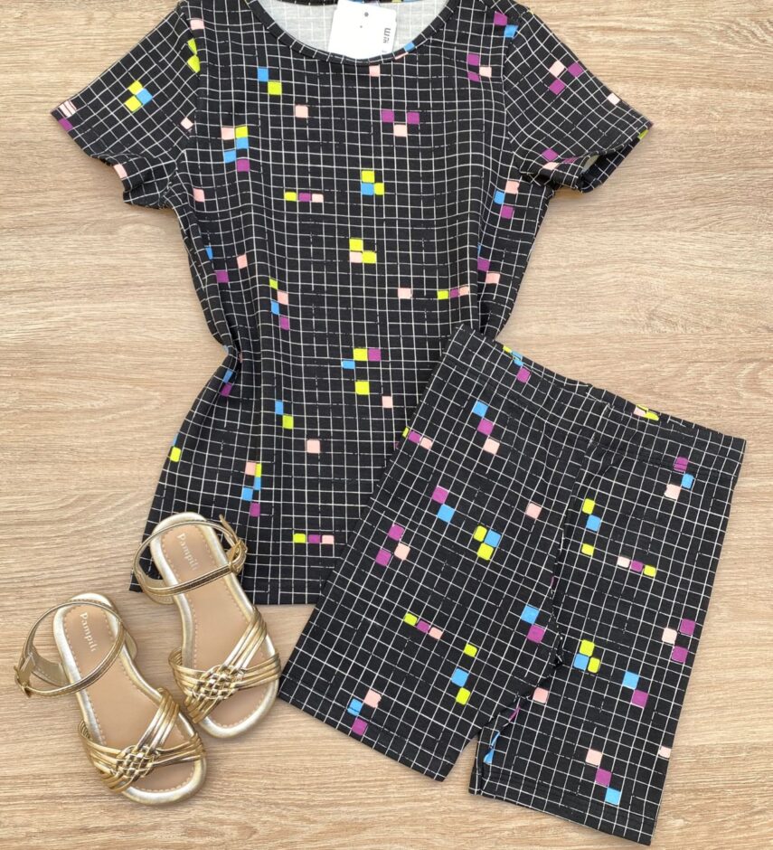 Blusa Infantil Feminina Manga Curta Justa Xadrez Preta Fernanda Ramos Kids