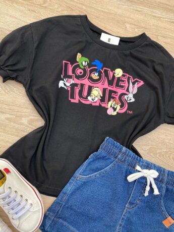fernandaramoskids com br Blusa Manga Curta Infantil Feminina Ampla com Estampa Preta 1