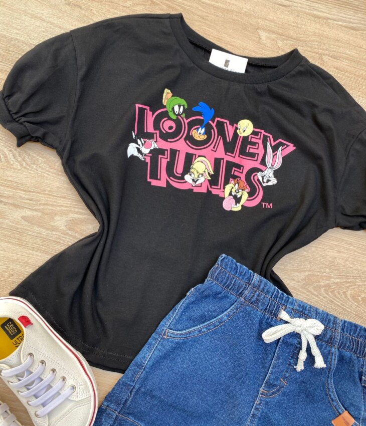 fernandaramoskids com br Blusa Manga Curta Infantil Feminina Ampla com Estampa Preta 1