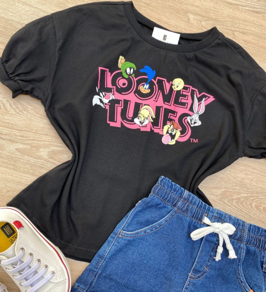 fernandaramoskids com br Blusa Manga Curta Infantil Feminina Ampla com Estampa Preta 1