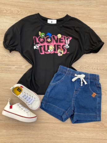 Blusa Manga Curta Infantil Feminina Ampla com Estampa Preta Fernanda Ramos Kids
