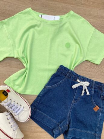 fernandaramoskids com br Blusa Manga Curta Infantil Feminina Ampla Verde 1