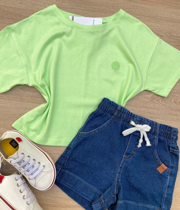 fernandaramoskids com br Blusa Manga Curta Infantil Feminina Ampla Verde 1