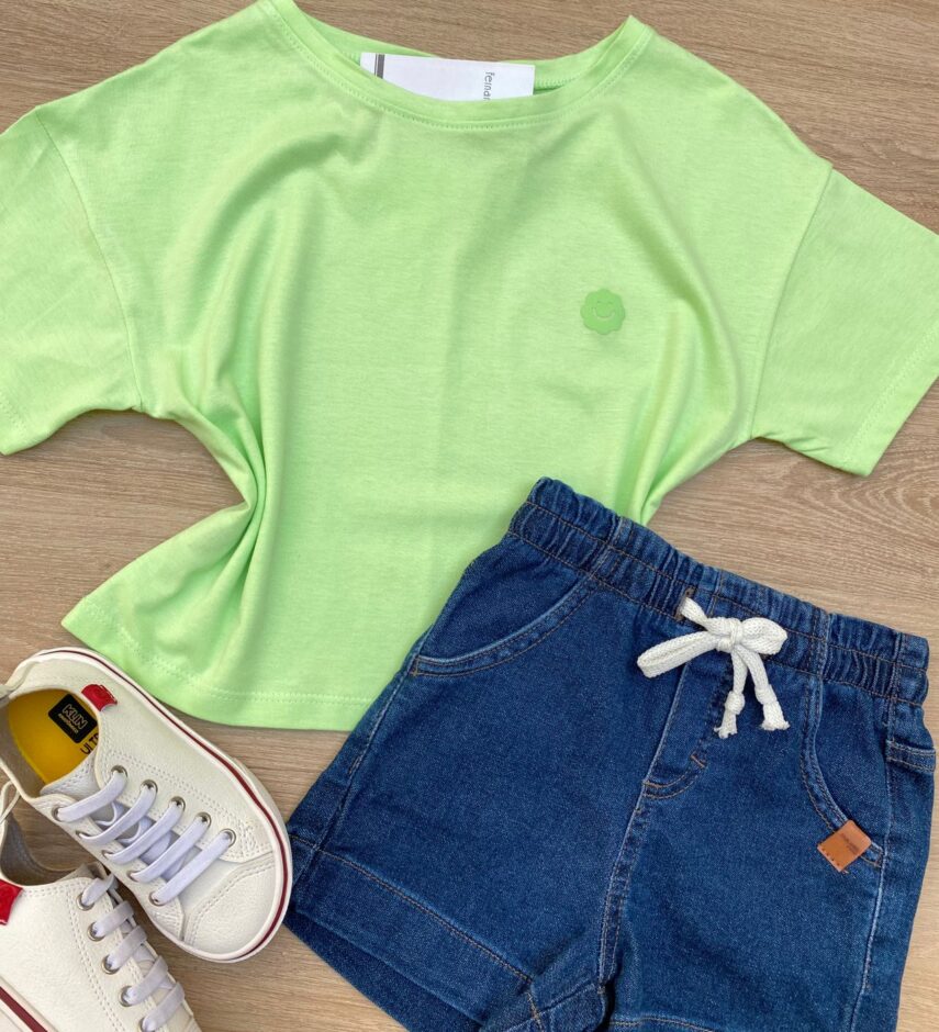 fernandaramoskids com br Blusa Manga Curta Infantil Feminina Ampla Verde 1