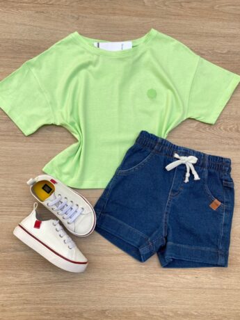 Blusa Manga Curta Infantil Feminina Ampla Verde Fernanda Ramos Kids