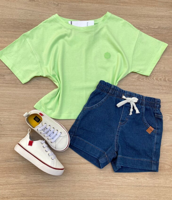 Blusa Manga Curta Infantil Feminina Ampla Verde Fernanda Ramos Kids