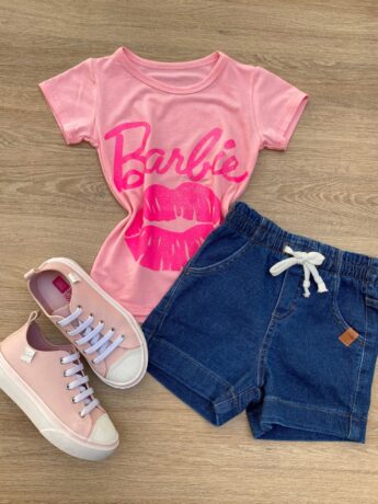Blusa Manga Curta Infantil Feminina Rosa com Detalhe Pink Fernanda Ramos Kids