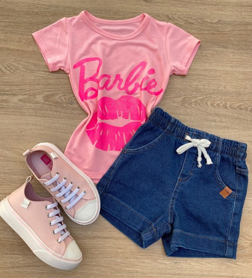 Blusa Manga Curta Infantil Feminina Rosa com Detalhe Pink Fernanda Ramos Kids