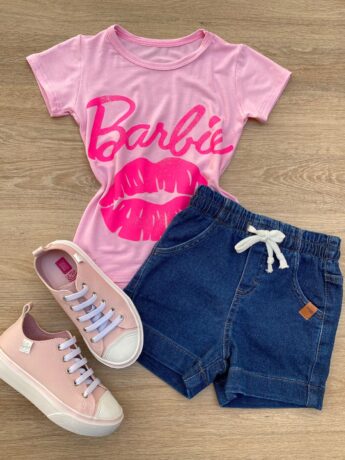 Blusa Manga Curta Infantil Feminina Rosa com Estampa Pink Fernanda Ramos Kids