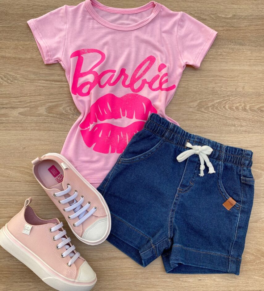 Blusa Manga Curta Infantil Feminina Rosa com Estampa Pink Fernanda Ramos Kids