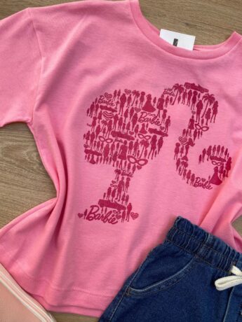 fernandaramoskids com br Blusa Manga Curta Infantil Feminina Rosa com Estampa Rosa Escuro 1