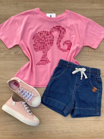 Blusa Manga Curta Infantil Feminina Rosa com Estampa Rosa Escuro Fernanda Ramos Kids