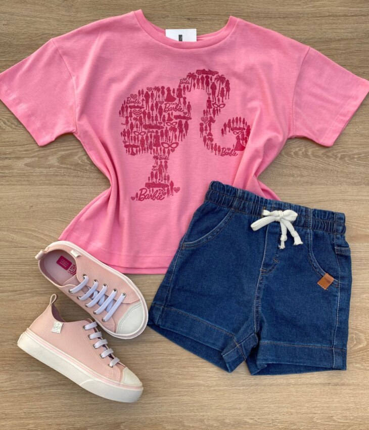 Blusa Manga Curta Infantil Feminina Rosa com Estampa Rosa Escuro Fernanda Ramos Kids