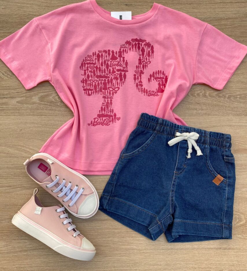 Blusa Manga Curta Infantil Feminina Rosa com Estampa Rosa Escuro Fernanda Ramos Kids
