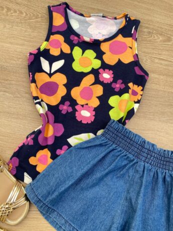 fernandaramoskids com br Blusa Regata Infantil Feminina Justa Estampa Floral Azul Marinho 1