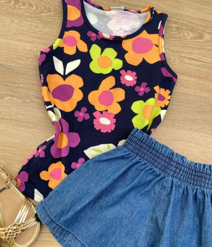 fernandaramoskids com br Blusa Regata Infantil Feminina Justa Estampa Floral Azul Marinho 1