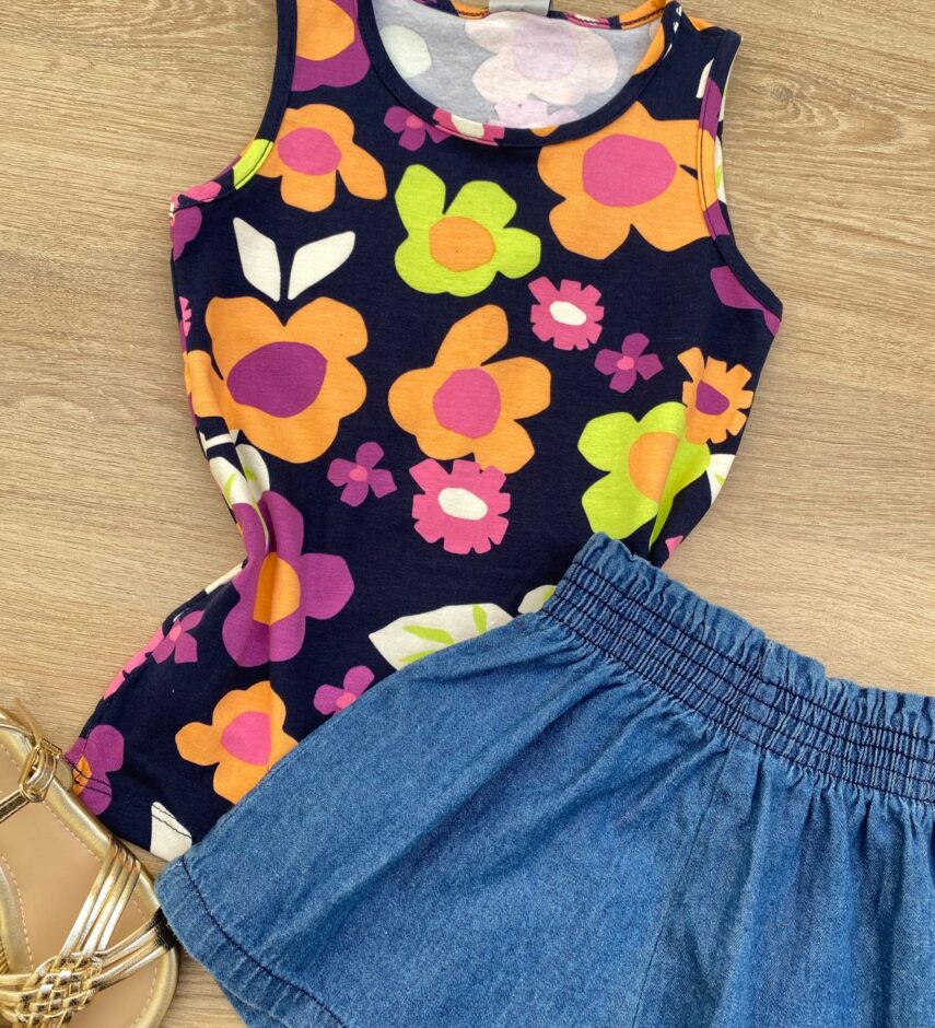 fernandaramoskids com br Blusa Regata Infantil Feminina Justa Estampa Floral Azul Marinho 1
