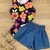 Blusa Regata Infantil Feminina Justa Estampa Floral Azul Marinho Fernanda Ramos Kids