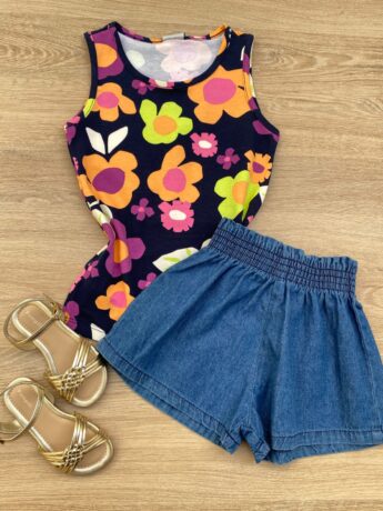 Blusa Regata Infantil Feminina Justa Estampa Floral Azul Marinho Fernanda Ramos Kids