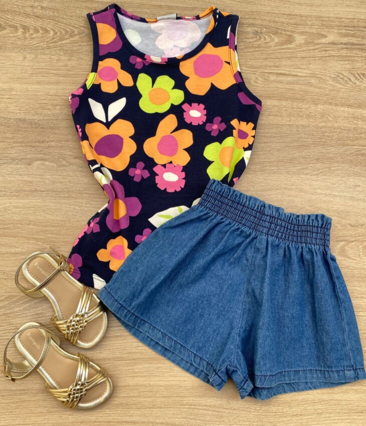 Blusa Regata Infantil Feminina Justa Estampa Floral Azul Marinho Fernanda Ramos Kids