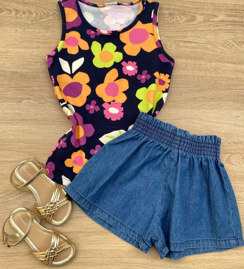 Blusa Regata Infantil Feminina Justa Estampa Floral Azul Marinho Fernanda Ramos Kids