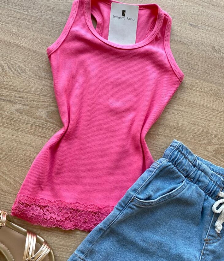 fernandaramoskids com br Blusa Regata Infantil Feminina Tradicional Pink Detalhe em Renda 1