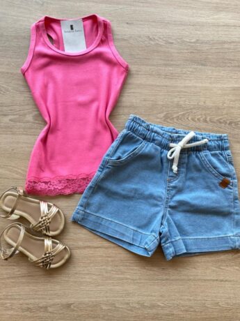 Blusa Regata Infantil Feminina Tradicional Pink Detalhe em Renda Fernanda Ramos Kids