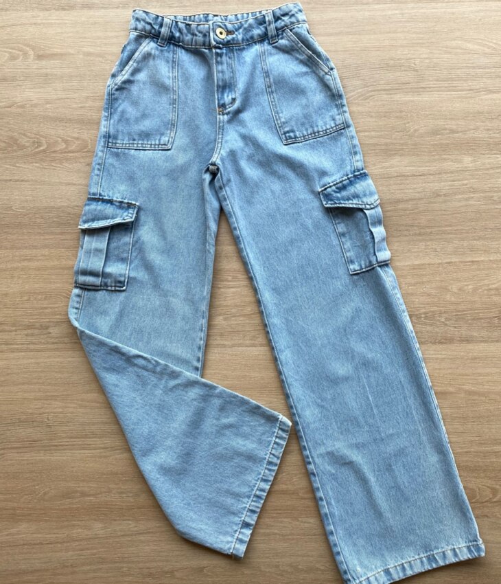 Calça Jeans Infantil Feminina Cargo Lavagem Clara Fernanda Ramos Kids