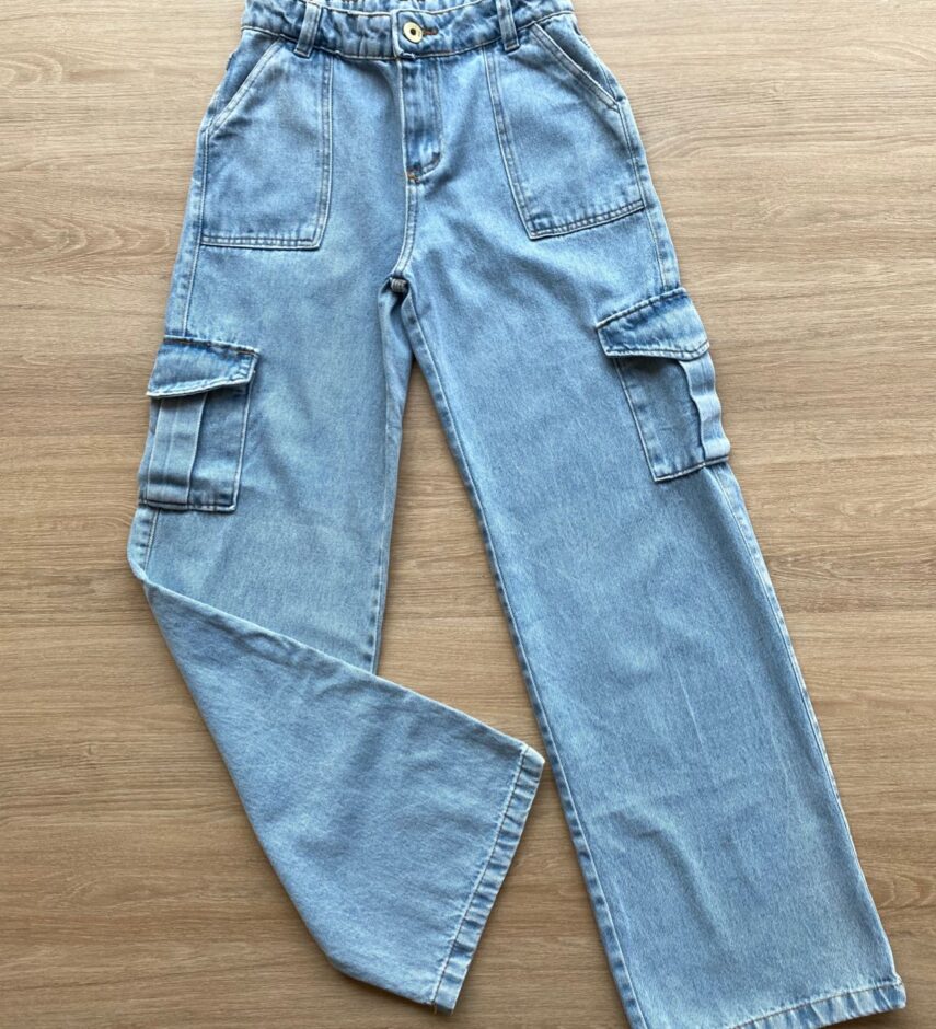 Calça Jeans Infantil Feminina Cargo Lavagem Clara Fernanda Ramos Kids