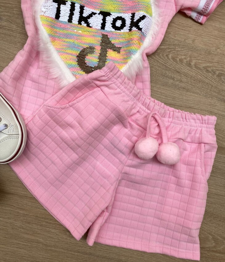 fernandaramoskids com br Conjunto Infantil Feminino Blusa Coração Manga Curta e Short Rosa 2