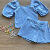 Conjunto Infantil Feminino Blusa Cropped e Short Saia com Botões Azul Fernanda Ramos Kids