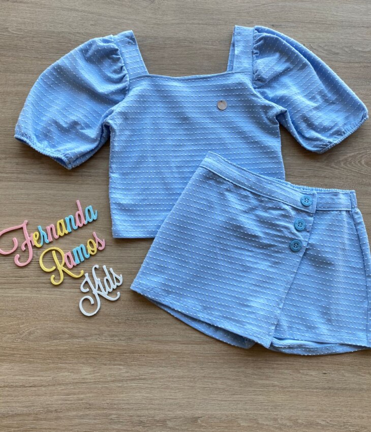 Conjunto Infantil Feminino Blusa Cropped e Short Saia com Botões Azul Fernanda Ramos Kids