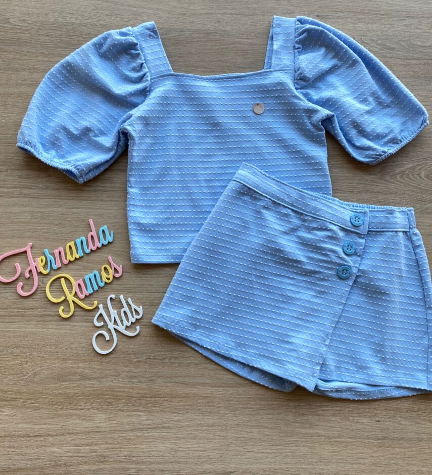 Conjunto Infantil Feminino Blusa Cropped e Short Saia com Botões Azul Fernanda Ramos Kids