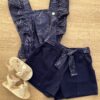 Conjunto Infantil Feminino Blusa Cropped Estampa e Short Azul Marinho Fernanda Ramos Kids