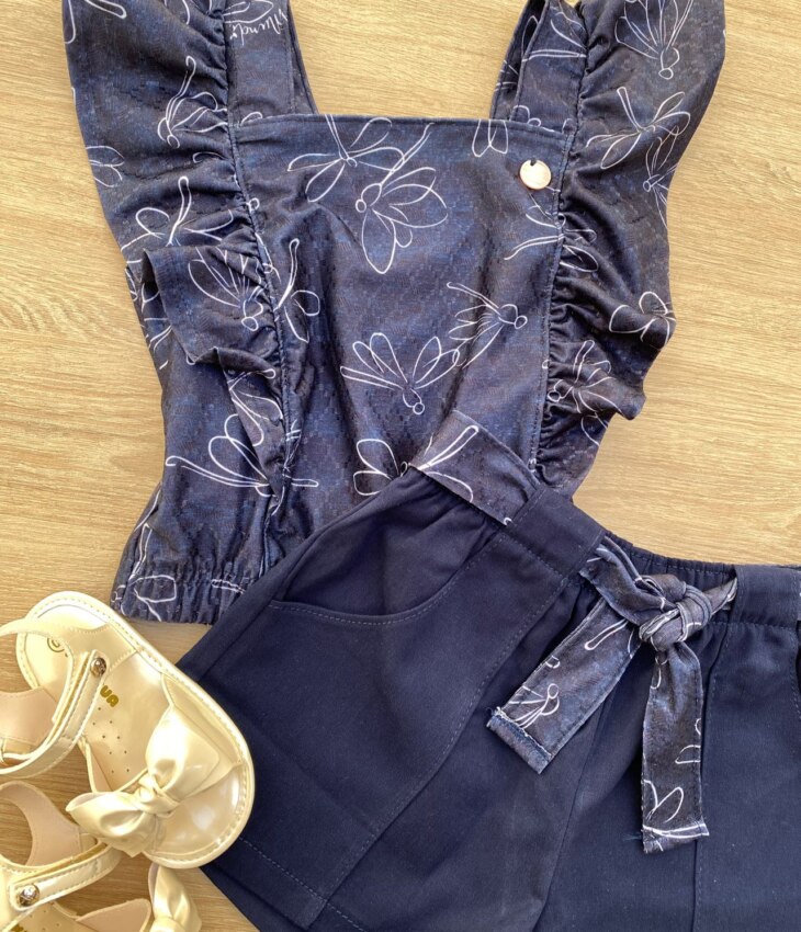 fernandaramoskids com br Conjunto Infantil Feminino Blusa Cropped Estampa e Short Azul Marinho 3