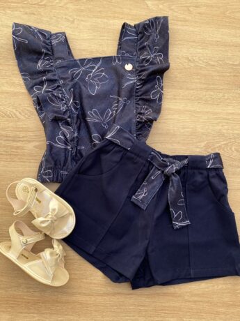 Conjunto Infantil Feminino Blusa Cropped Estampa e Short Azul Marinho Fernanda Ramos Kids