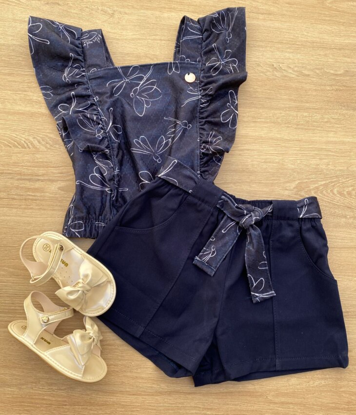 Conjunto Infantil Feminino Blusa Cropped Estampa e Short Azul Marinho Fernanda Ramos Kids