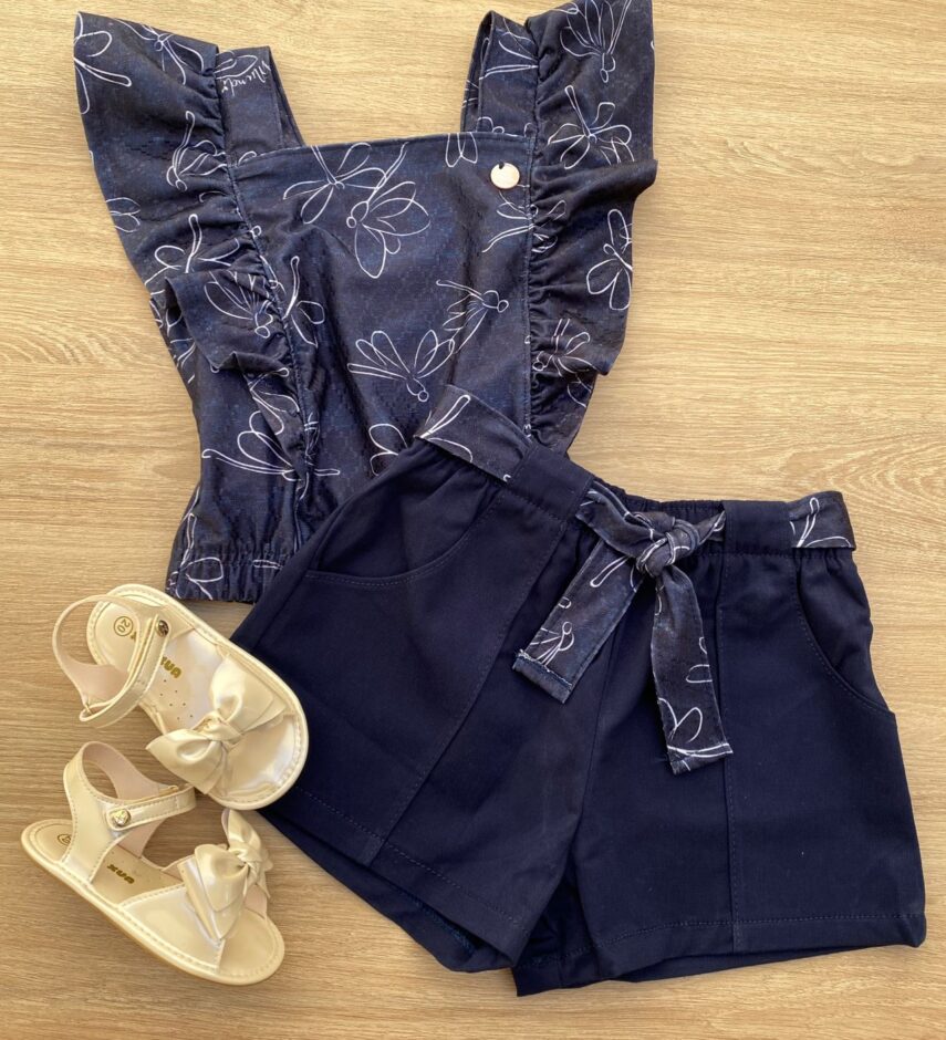 Conjunto Infantil Feminino Blusa Cropped Estampa e Short Azul Marinho Fernanda Ramos Kids