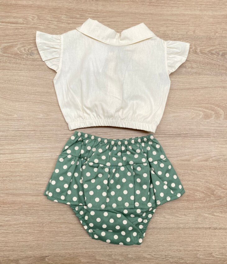 fernandaramoskids com br Conjunto Infantil Feminino Blusa Cropped Nude e Calcinha Poá Verde 3
