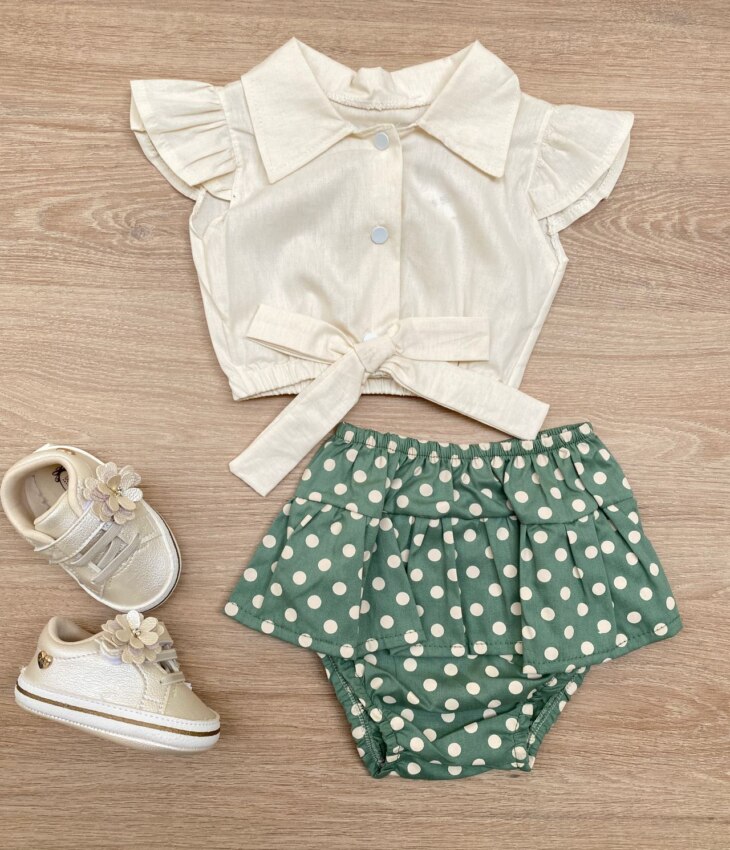 Conjunto Infantil Feminino Blusa Cropped Nude e Calcinha Poá Verde Fernanda Ramos Kids
