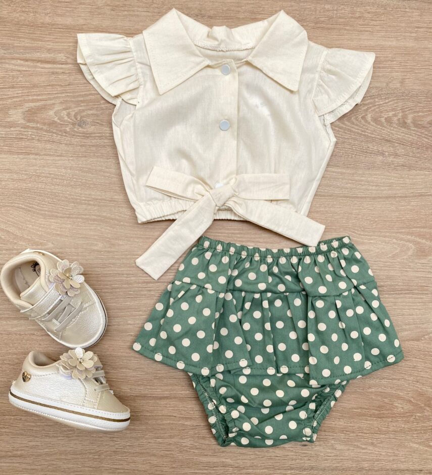 Conjunto Infantil Feminino Blusa Cropped Nude e Calcinha Poá Verde Fernanda Ramos Kids