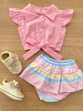 fernandaramoskids com br Conjunto Infantil Feminino Blusa Cropped Rosa e Calcinha Listrada 1