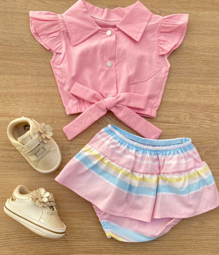 fernandaramoskids com br Conjunto Infantil Feminino Blusa Cropped Rosa e Calcinha Listrada 1