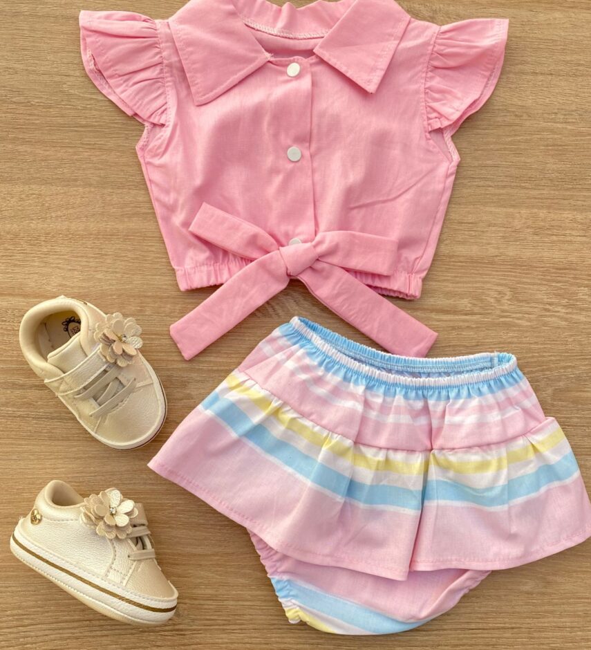 fernandaramoskids com br Conjunto Infantil Feminino Blusa Cropped Rosa e Calcinha Listrada 1