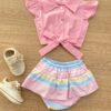 Conjunto Infantil Feminino Blusa Cropped Rosa e Calcinha Listrada Fernanda Ramos Kids
